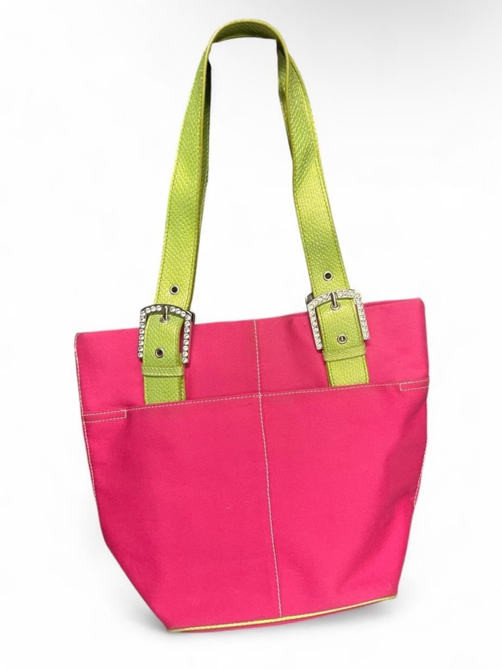 Bright Pink Canvas Tote with Lime Green Straps and Decorative Buckles